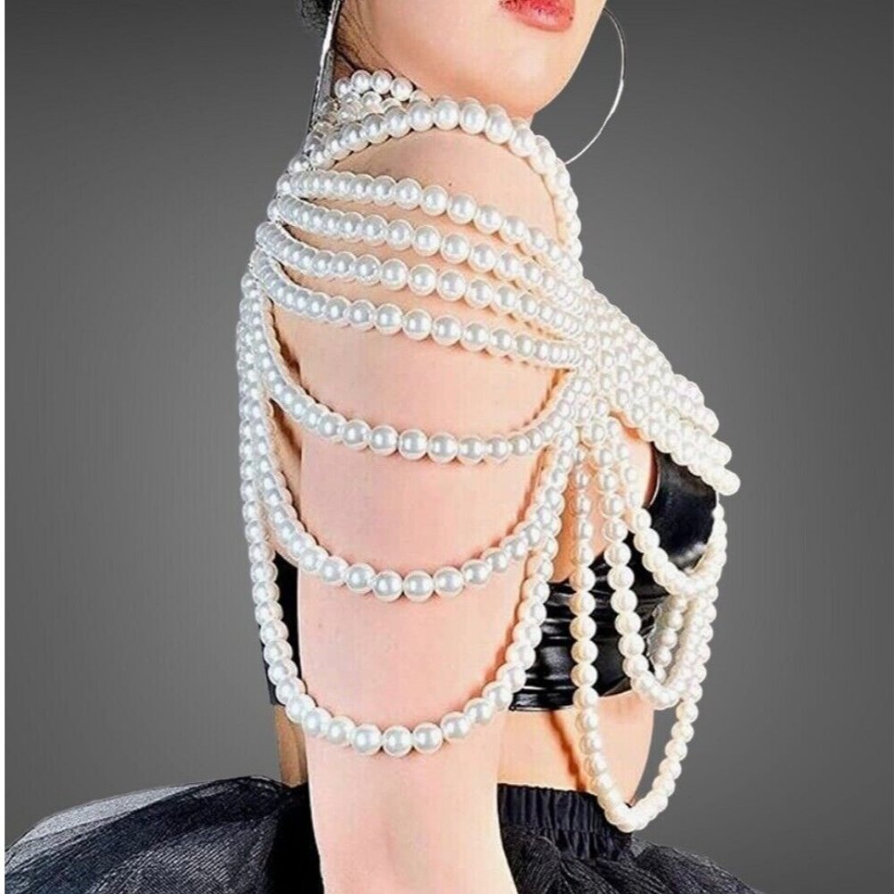 Jewelry Accessory Layered Ivory Gold Synthetic Big Pearls Necklaces Body Chains - Picture 8 of 16